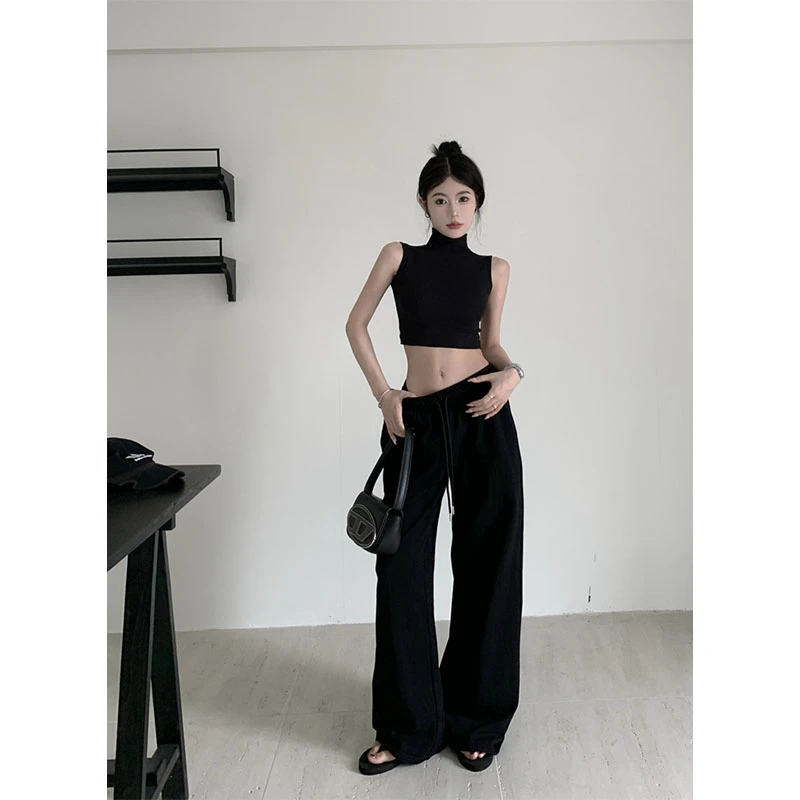 辣妹纯欲设计感短款露背半高领无袖上衣高腰显瘦直筒黑色阔腿裤女