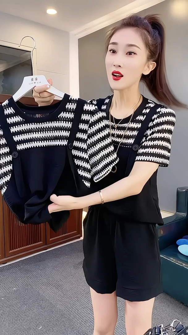 夏季新款时尚气质宽松显瘦减龄休闲运动大码短袖T恤短裤两件套装