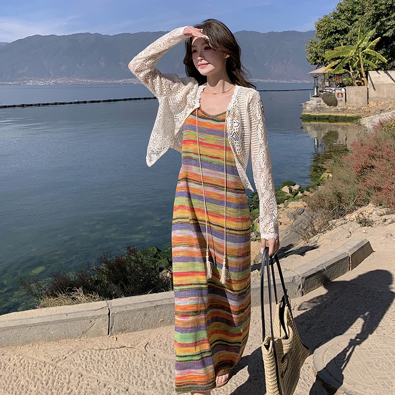 春夏茶歇法式彩虹条纹针织连衣裙子撞色纯欲甜辣吊带套装服装女