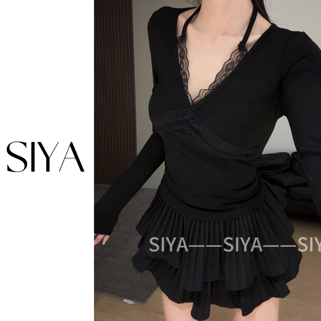【SIYA】蕾丝拼接v领假两件打底衫秋冬长袖T恤性感内搭收腰短款上衣