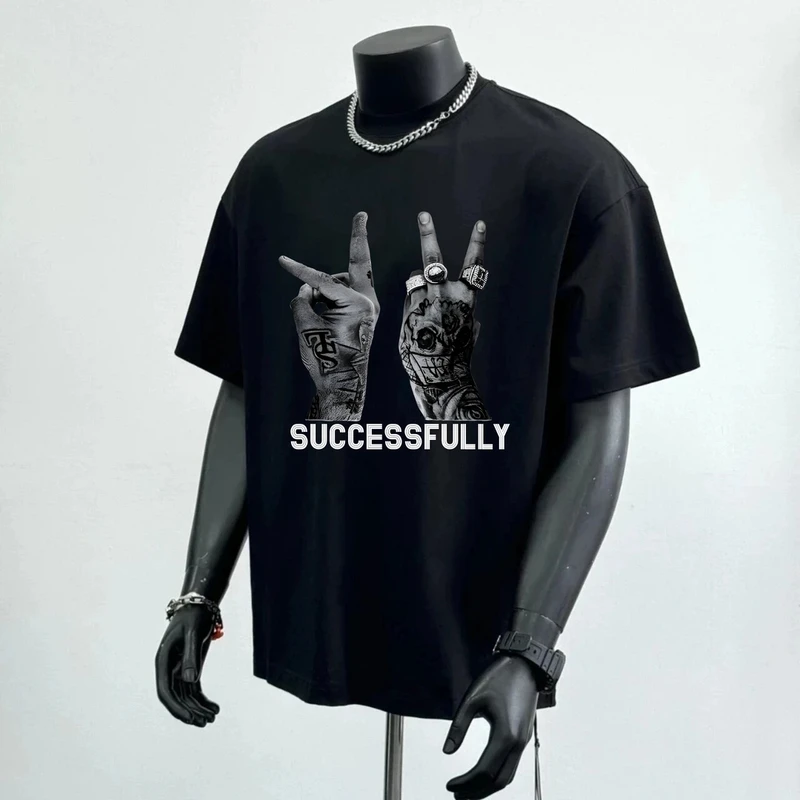 重磅纯棉印花短袖T恤夏季美式高质量透气休闲百搭小圆领短袖黑色