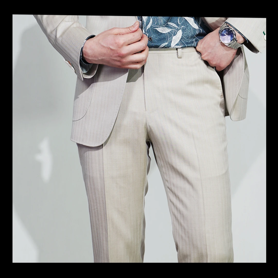 杏色鱼骨纹纯羊毛150S 夏季薄款修身西裤小直筒