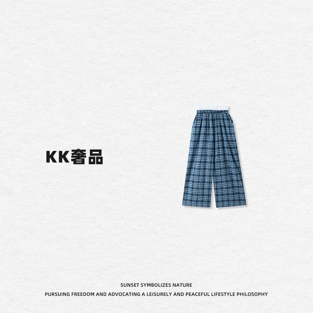 KK【蓝调格纹】2520573美式复古蓝格子阔腿休闲裤显瘦百搭