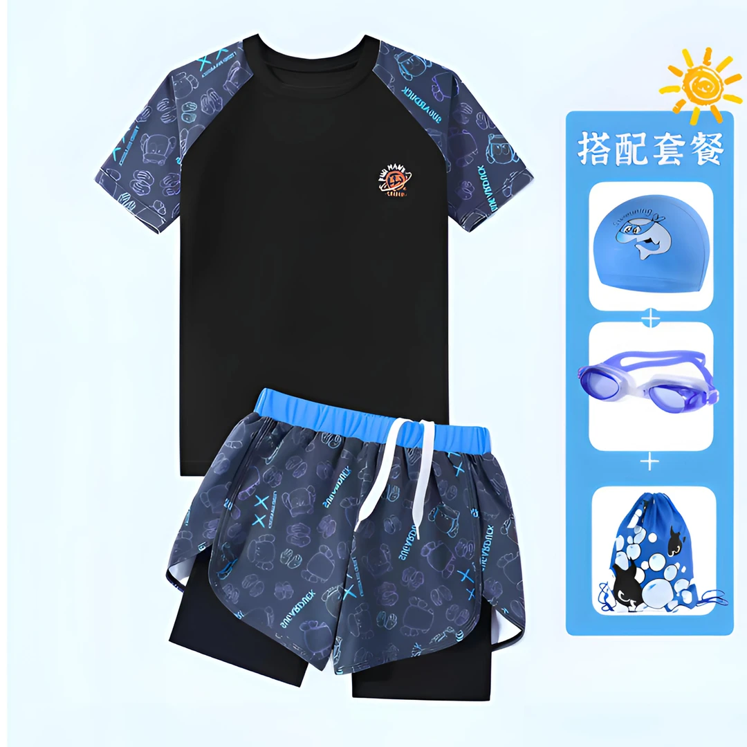 儿童游泳衣双层泳裤速干防尴尬分体青少年中大童温泉游泳胖童泳装