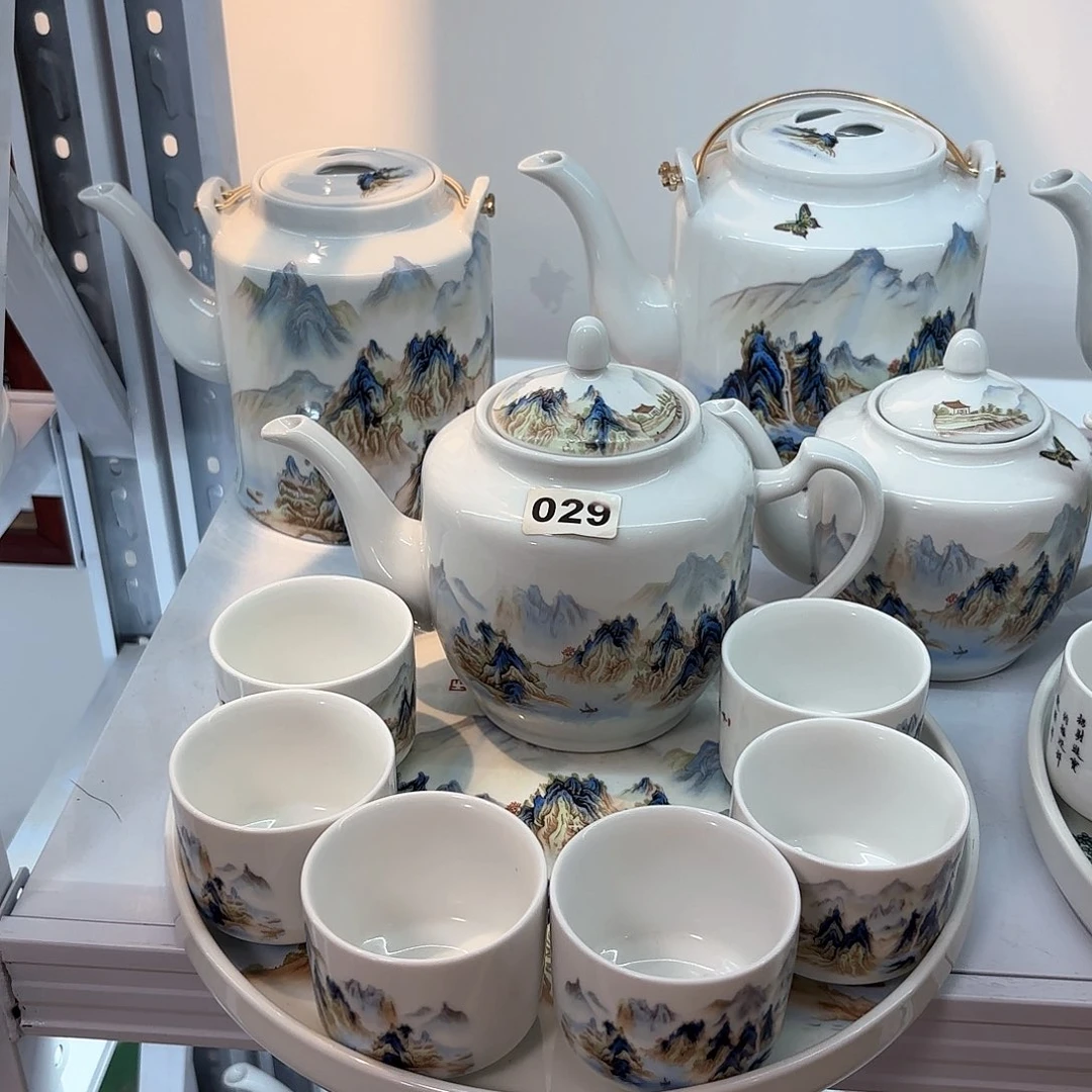 壶千里江山图侧把壶➕六个杯子➕茶盘