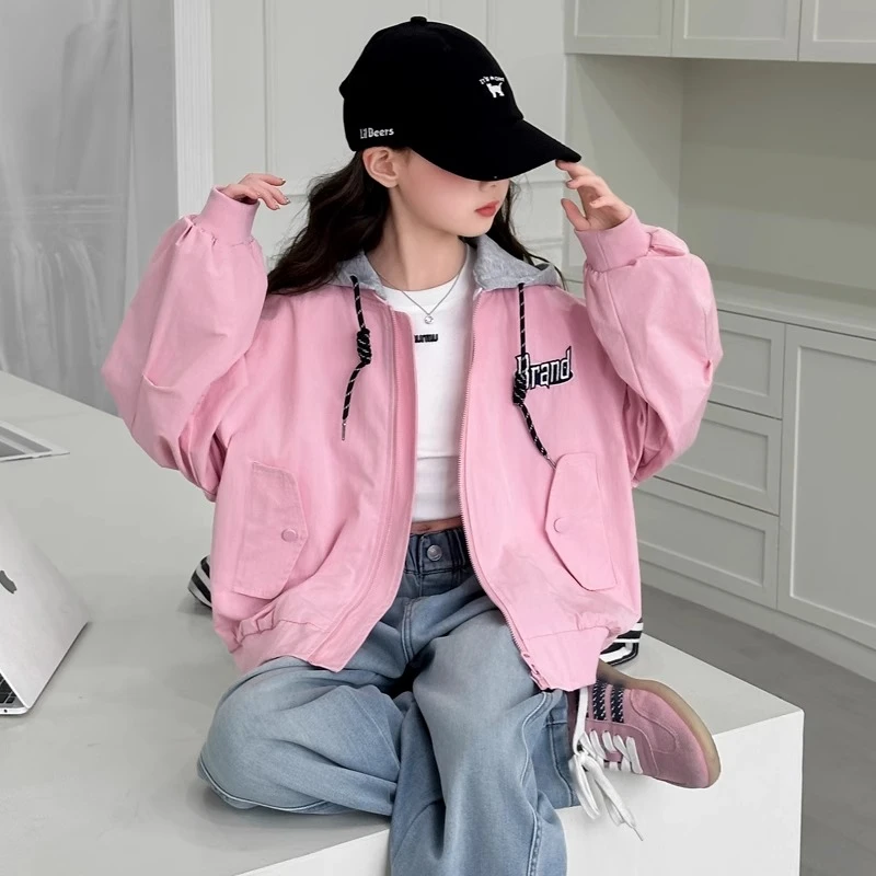 儿童装女童春装棒球服外套2025新款春秋款中大童女孩春季连帽上衣