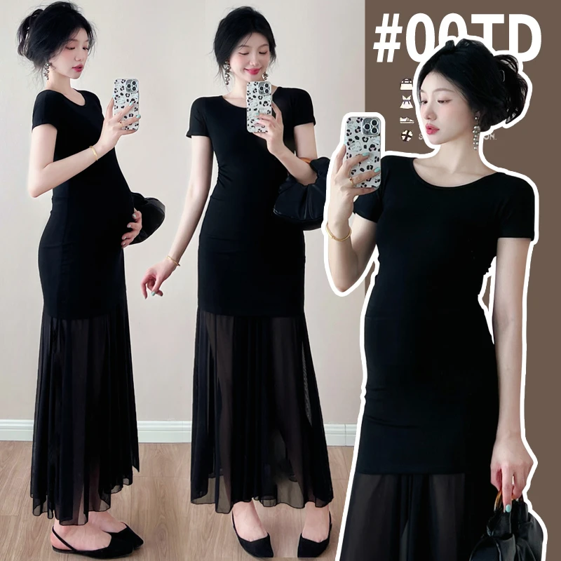 孕妇装连衣裙夏季新款时尚洋气遮肚显瘦网纱拼接针织辣妈孕妇裙子