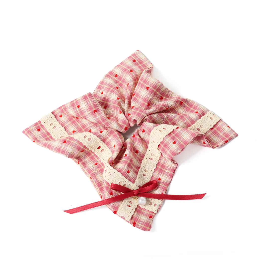 【甜心】系列时尚红色格子红爱心方巾发圈2853