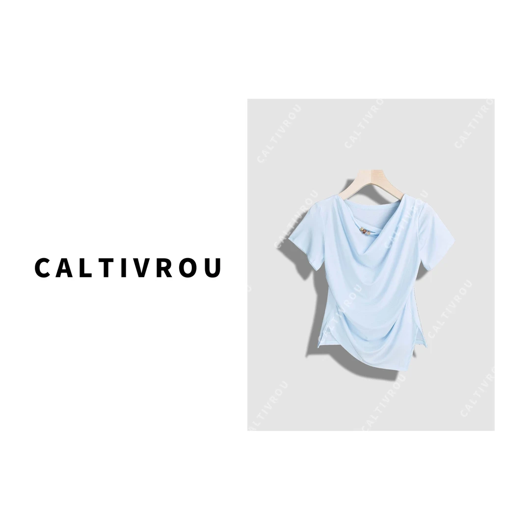 Caltivrou不规则荡领天丝短袖T恤女2025夏新款修身收腰上衣Y17652