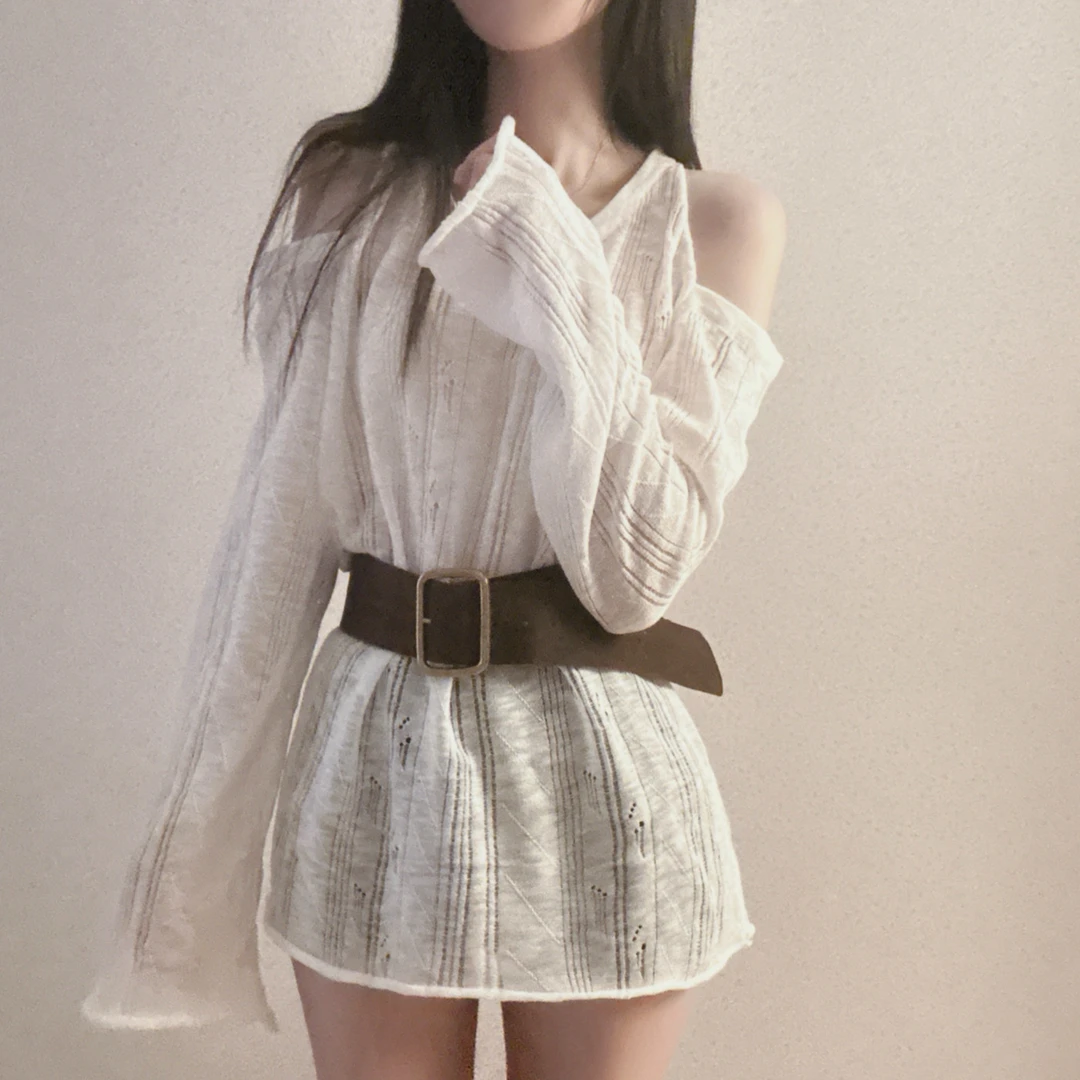 韩版时尚系带收腰镂空露肩设计感宽松百搭长袖针织上衣配腰带