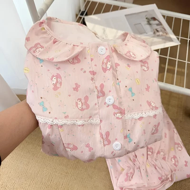 日系软萌美乐蒂带胸垫睡衣女春秋季云朵棉甜美花边少女长袖家居服