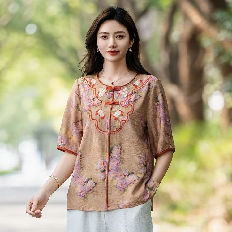 夏装新中式印花2025新款拼接丝麻女装中国风中袖女是上衣外穿