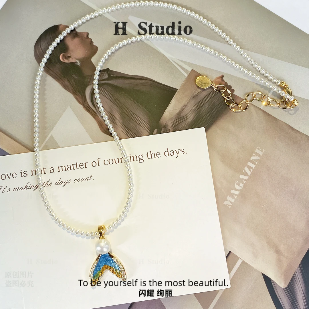 铜合金仿珍珠项链 L2725 鱼尾气质蓝色时尚ins