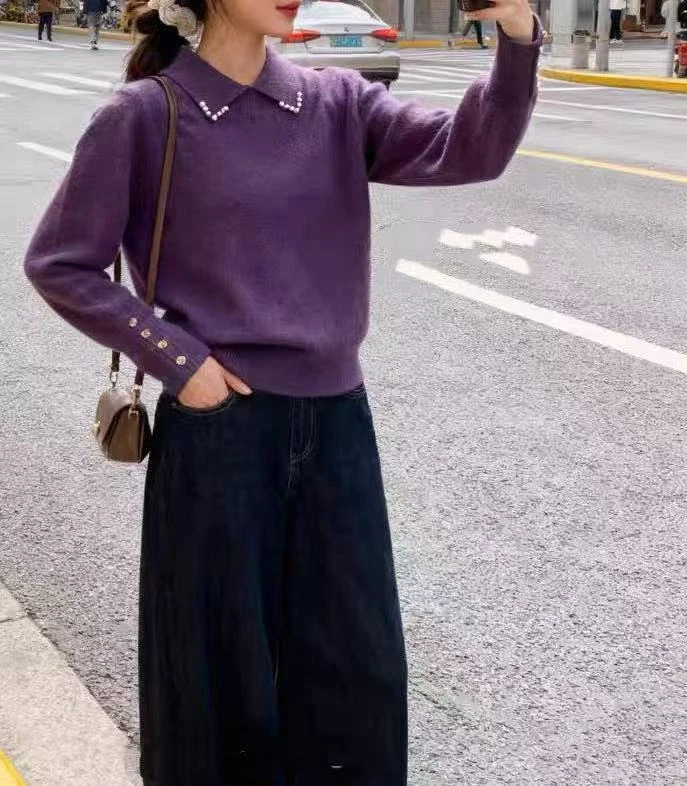 1153秋冬新款百搭翻领针织衫（衣长56CM左右)