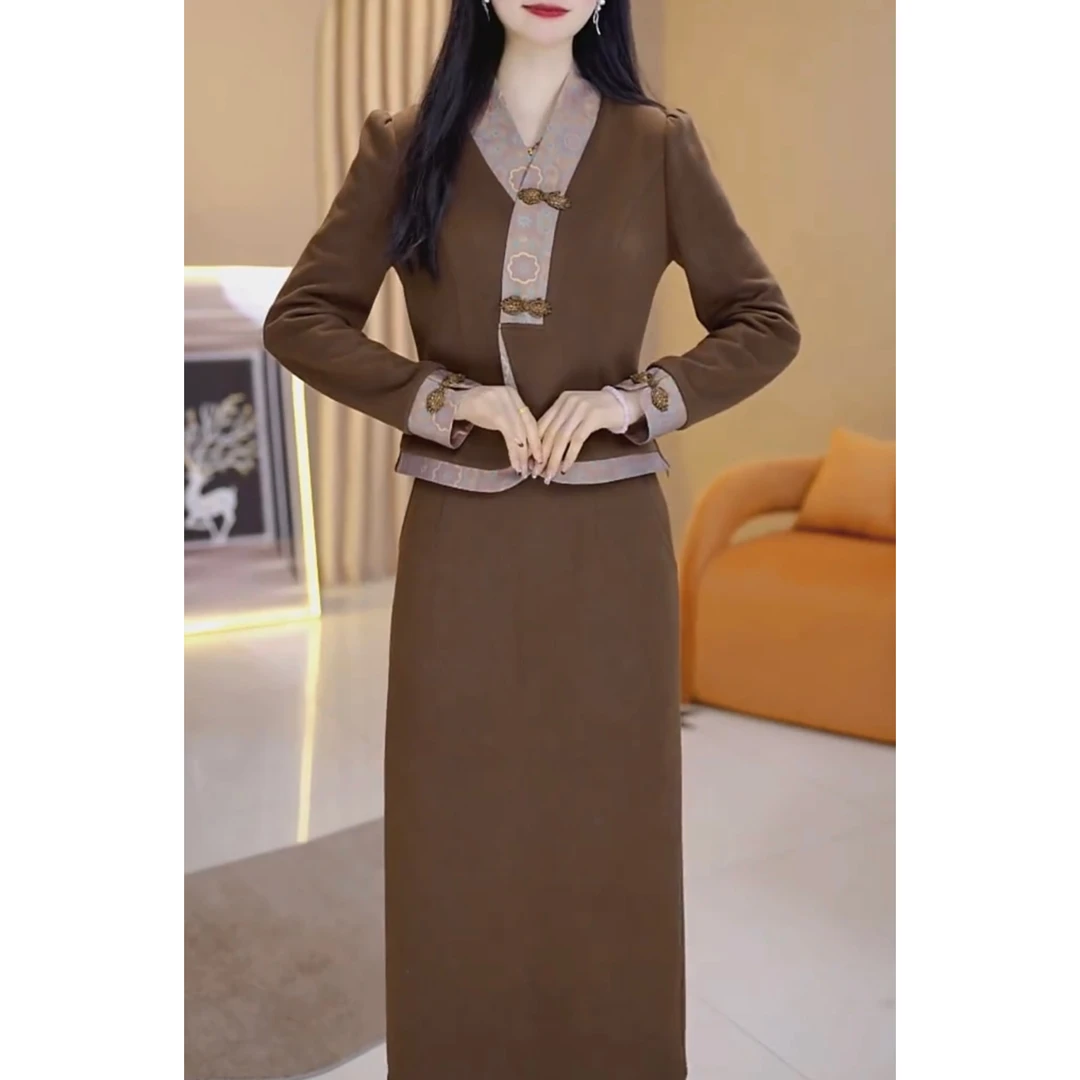【半身裙+上衣】B22咖色套装优雅气质时尚减龄显瘦秋冬设计感