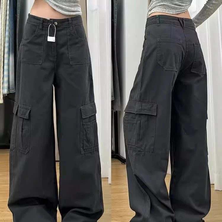 美式复古深灰色阔腿工装裤女春季新款设计感宽松显瘦直筒牛仔裤子