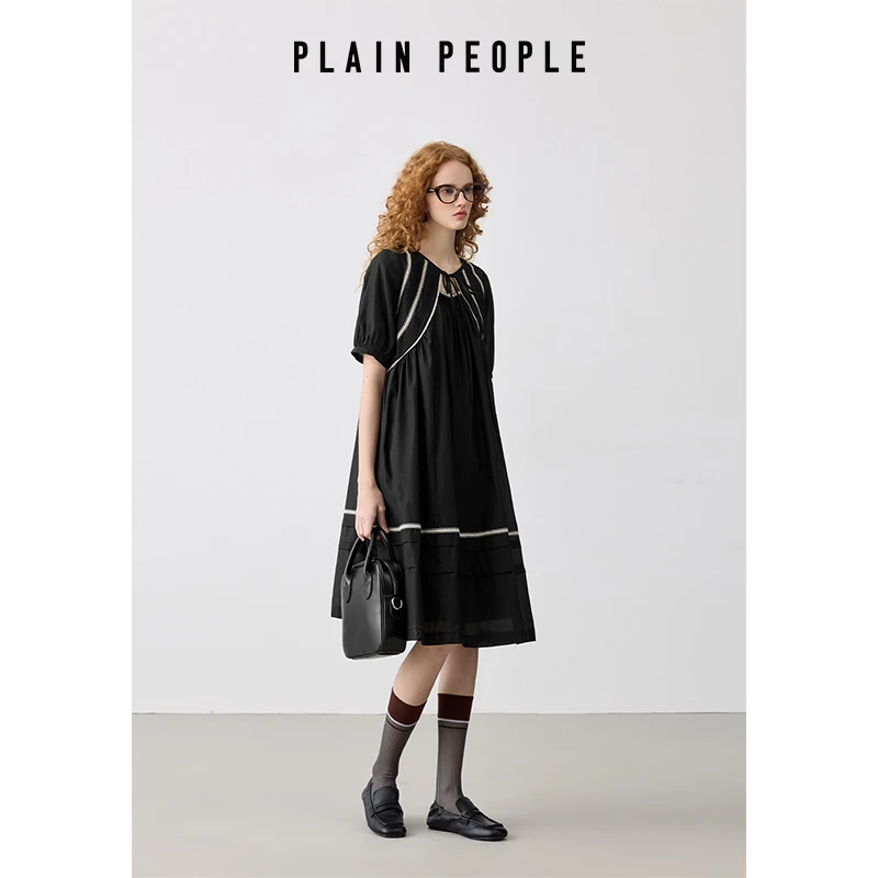 PLAIN PEOPLE蕾丝织带立体打条泡泡袖型女装连衣裙25年夏季新品