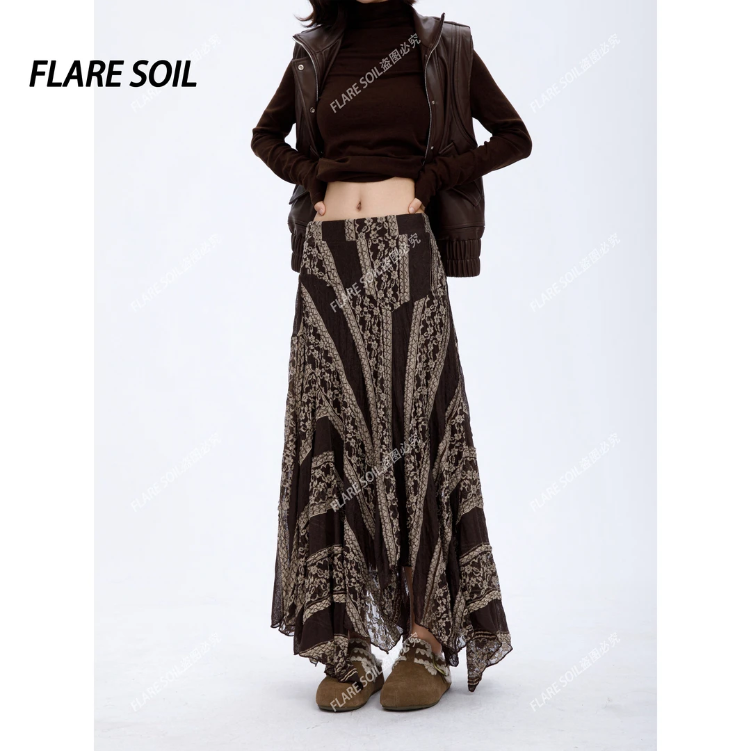 【FLARE SOIL】高腰中长裙网纱蕾丝休闲半身裙拼接裙子 T4637B