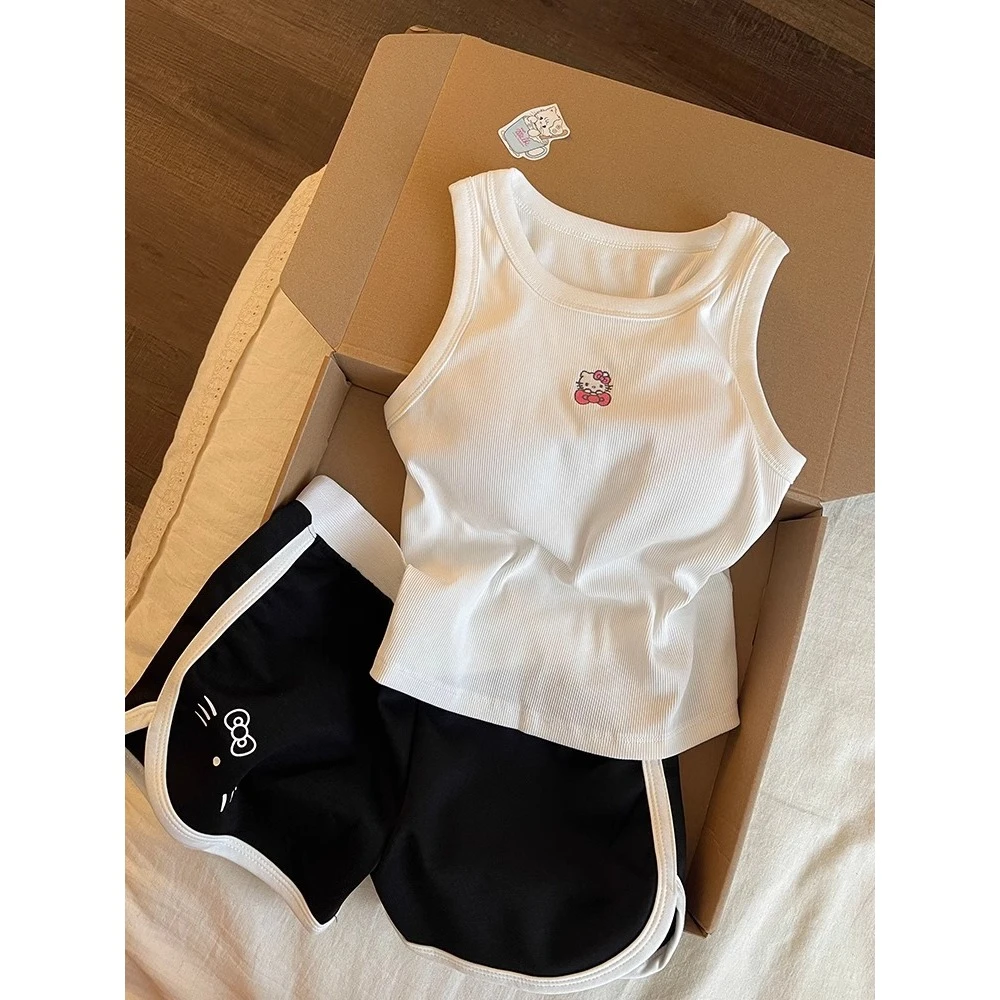 纯色简约可爱kitty吊带睡衣女士夏季新款纯欲大码短裤家居服套装