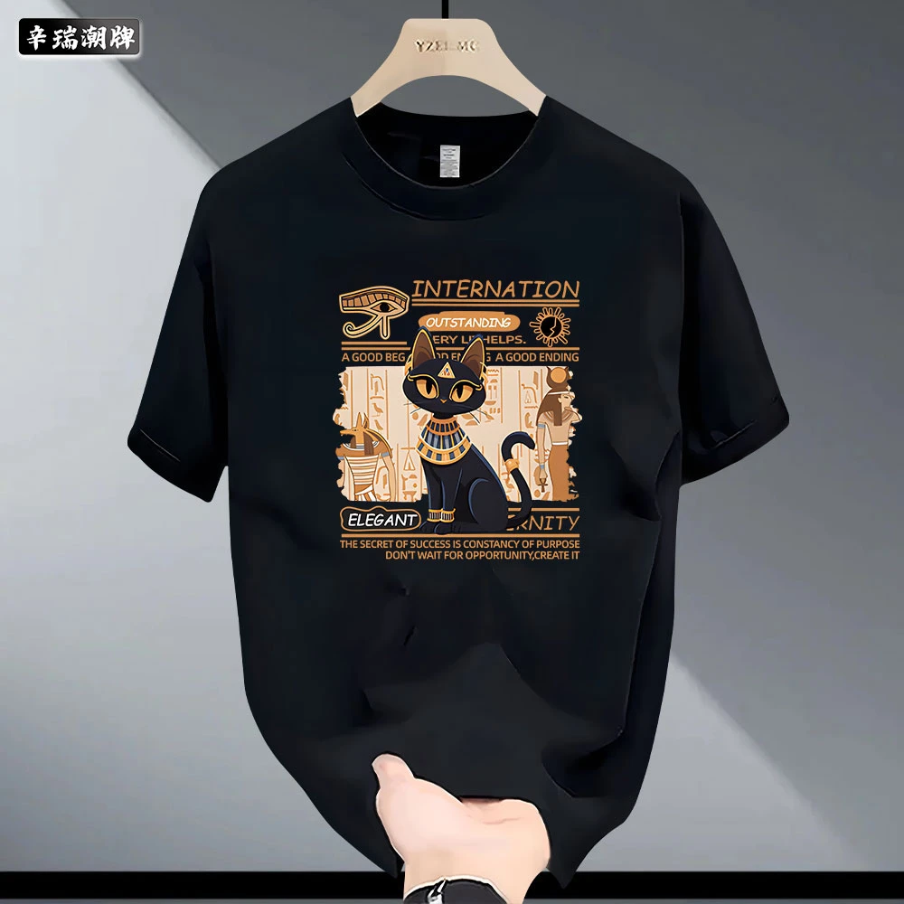 2025夏季休闲国潮猫咪印花宽松百搭男女圆领纯棉短袖T潮流设计感