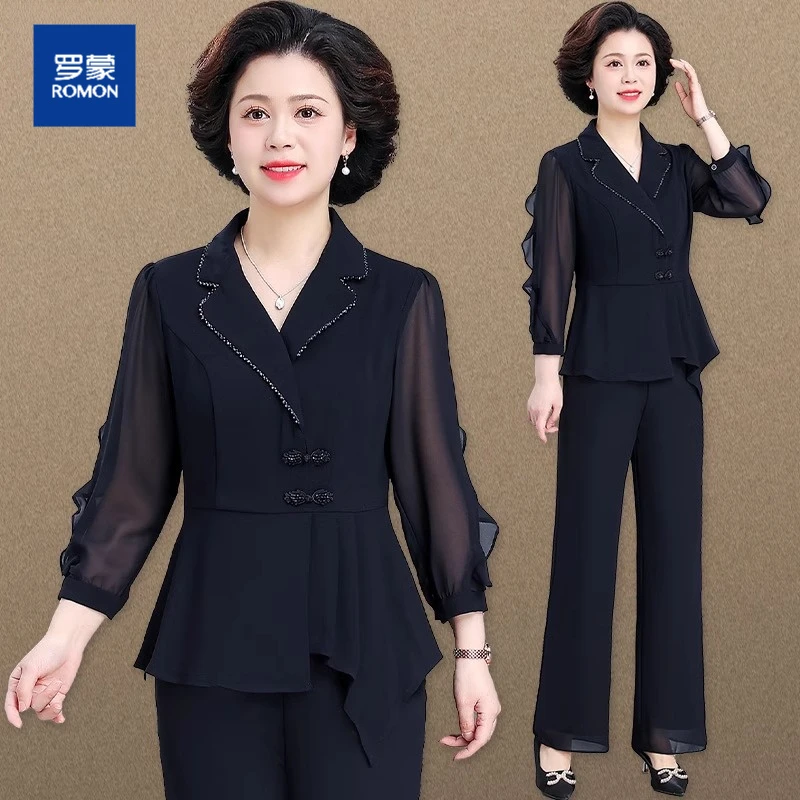 罗蒙妈妈装新中式套装中老年女装纱袖拼接小衫阔腿裤显瘦两件套