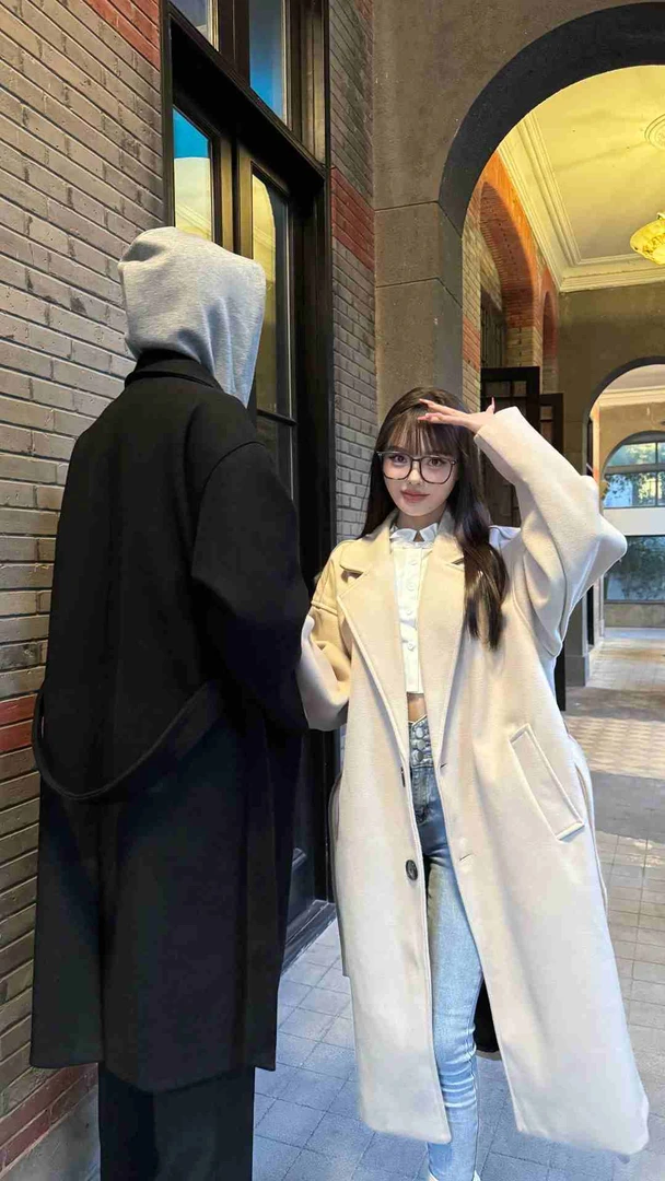 中长款时尚纽扣翻领单排扣百搭毛呢大衣双面秋冬气质