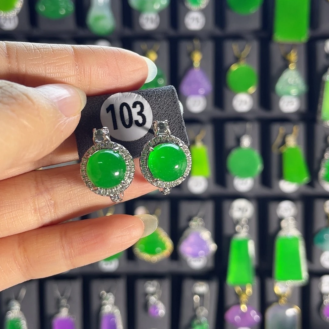 翡翠银S925镀金镶嵌耳饰103