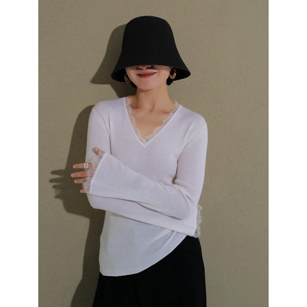 早秋气质款 睫毛蕾丝拼接 全山羊绒女V领长袖弹力针织衫213505
