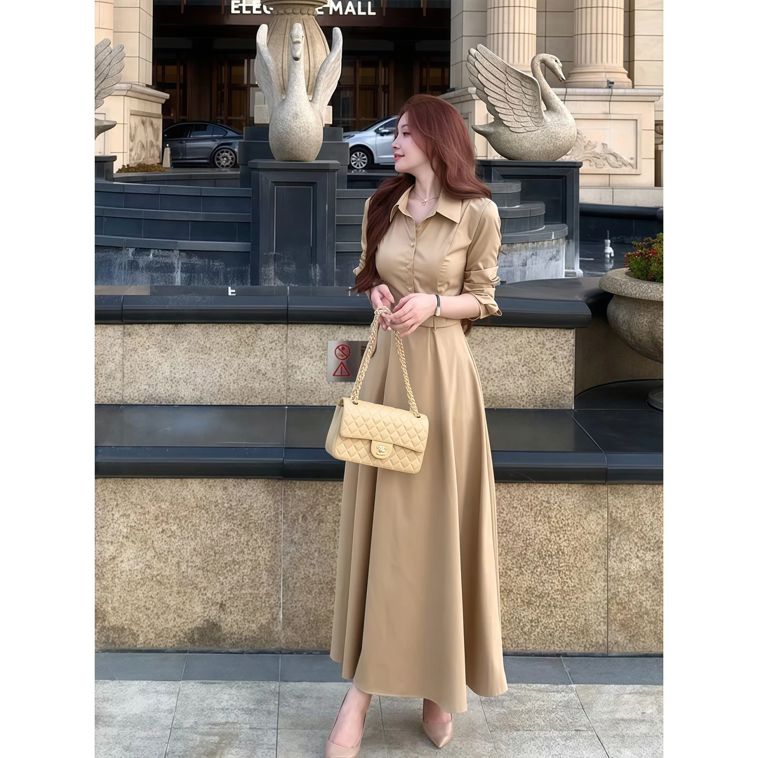 法式时尚高级感气质衬衫连衣裙女秋季新款简约收腰大摆A字长裙子