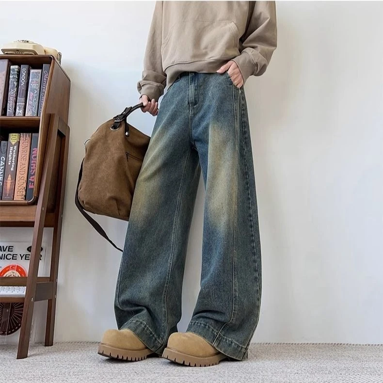 XBRO男士美式复古水洗做旧弯刀牛仔裤男显瘦男款宽松阔腿休闲裤