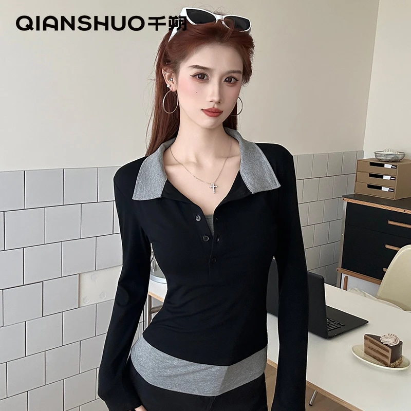 千朔韩系假两件翻领长袖秋季新款polo衫女装纯欲慵懒风正版女装