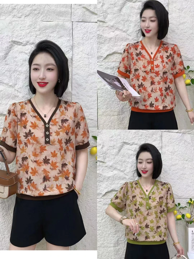 V领显瘦印花短袖时尚洋气大方休闲百搭减龄气质减龄