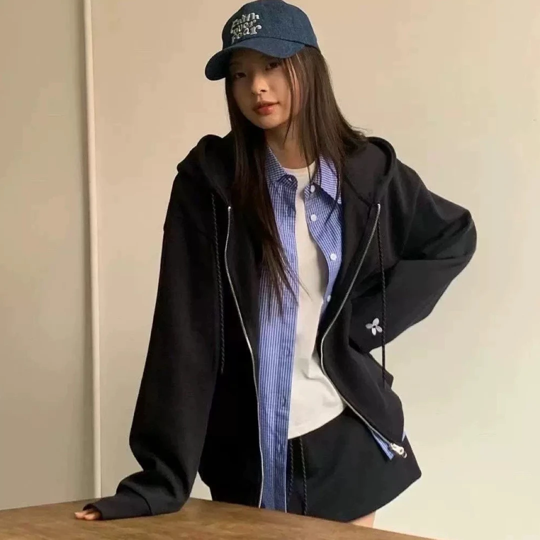大大自制I 拉链秋款运动风中长款连帽卫衣外套
