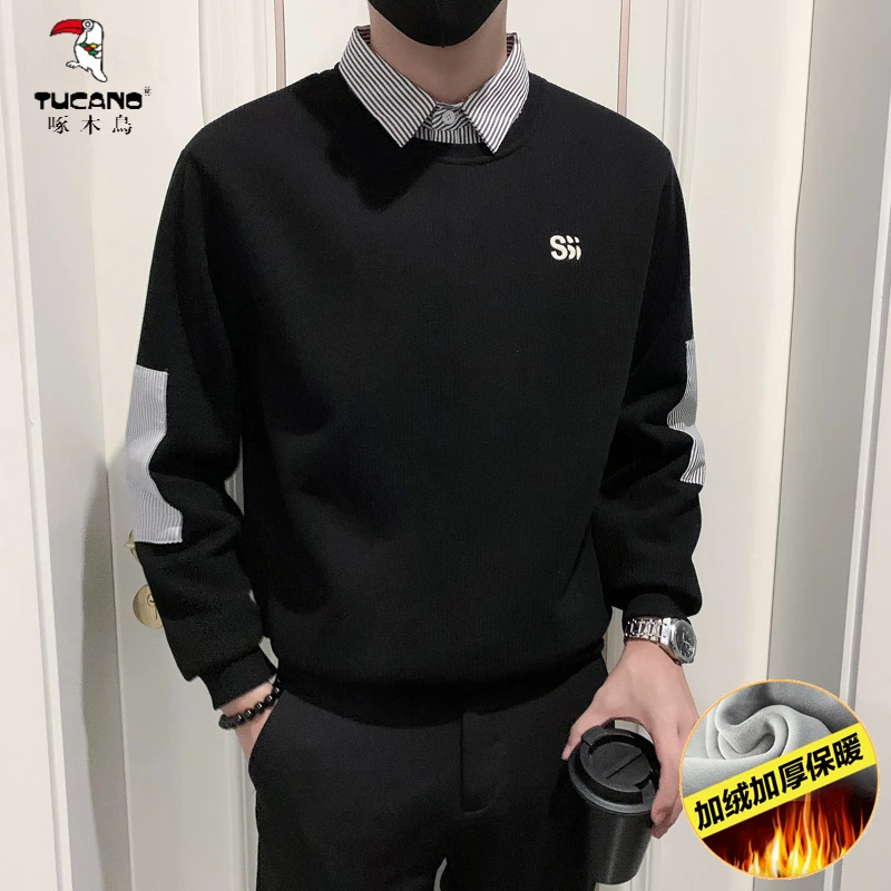 啄木鸟2024秋冬新款韩系加绒加厚卫衣男潮流休闲衬衫领假两件男士
