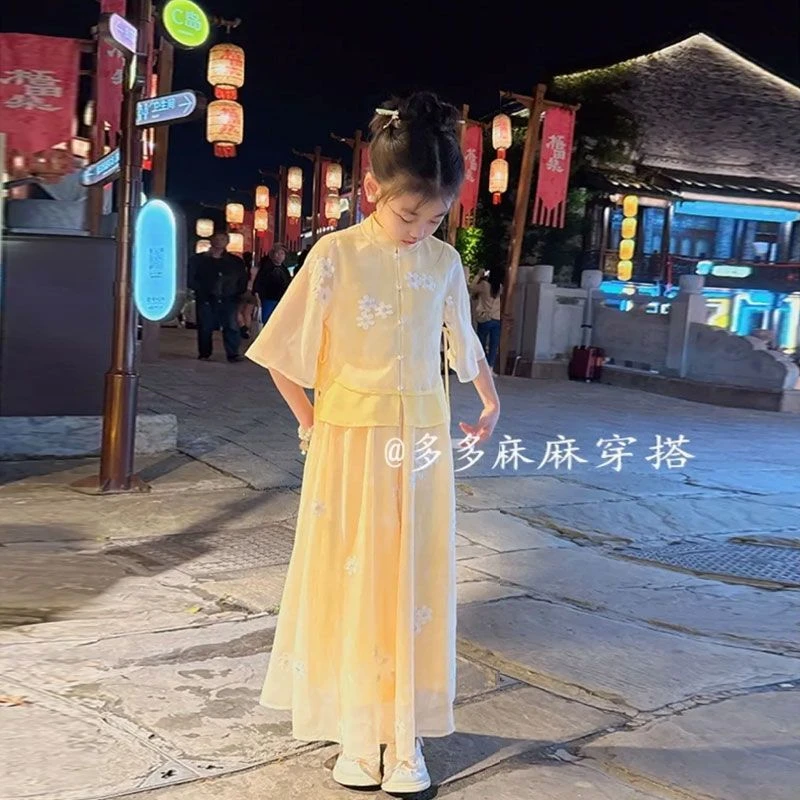 儿童新中式半袖套装夏季2025新款中大童刺绣汉服阔腿裤国风两件套