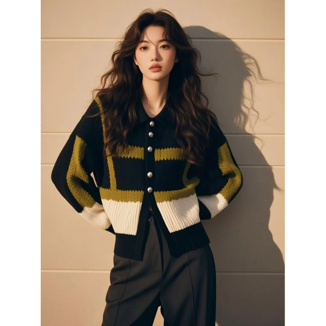 LaChapelle/拉夏贝尔复古撞色圆领长袖针织开衫女秋季修身毛衣