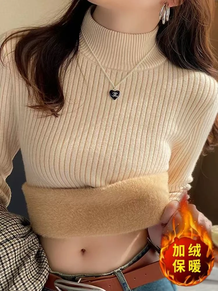 5008#加绒毛衣女冬加厚一体绒内搭半高领打底衫秋冬新款保暖上衣