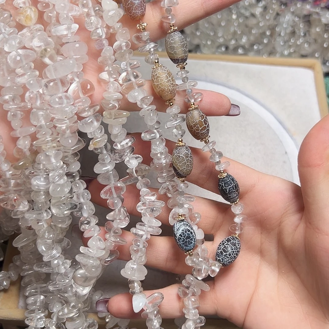 玛瑙/玉髓合金珠宝半成品M287。天然白水晶叠片一条