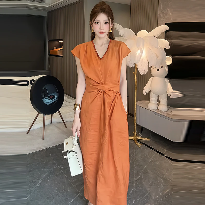 韩版百搭休闲连衣裙女2025年夏季新款高级感时尚遮肉显瘦收腰裙子