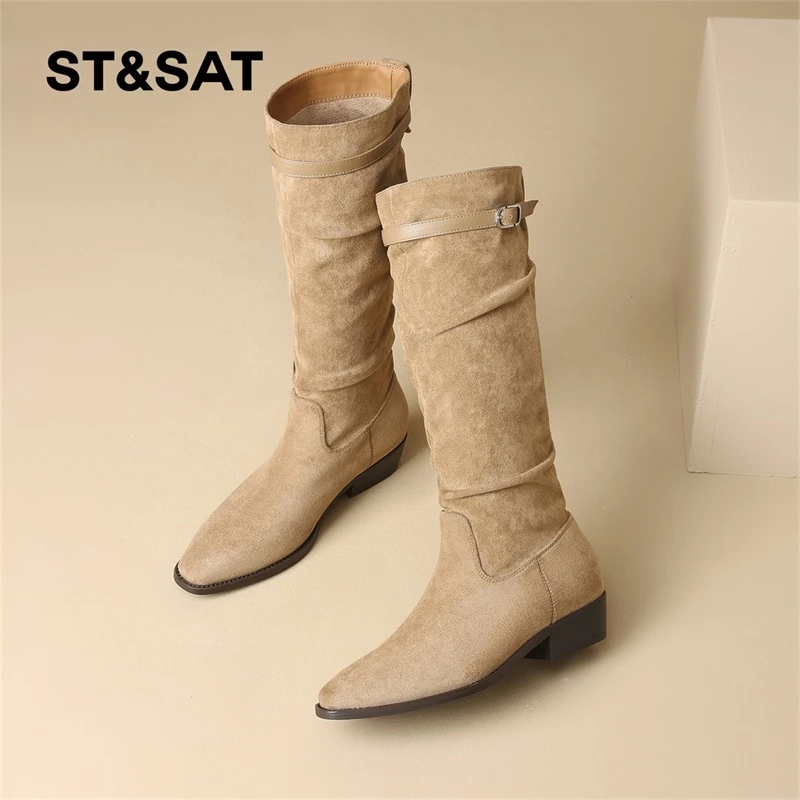 星期六绒面长筒靴女2025秋季时装靴复古西部牛仔靴粗跟不过膝长靴