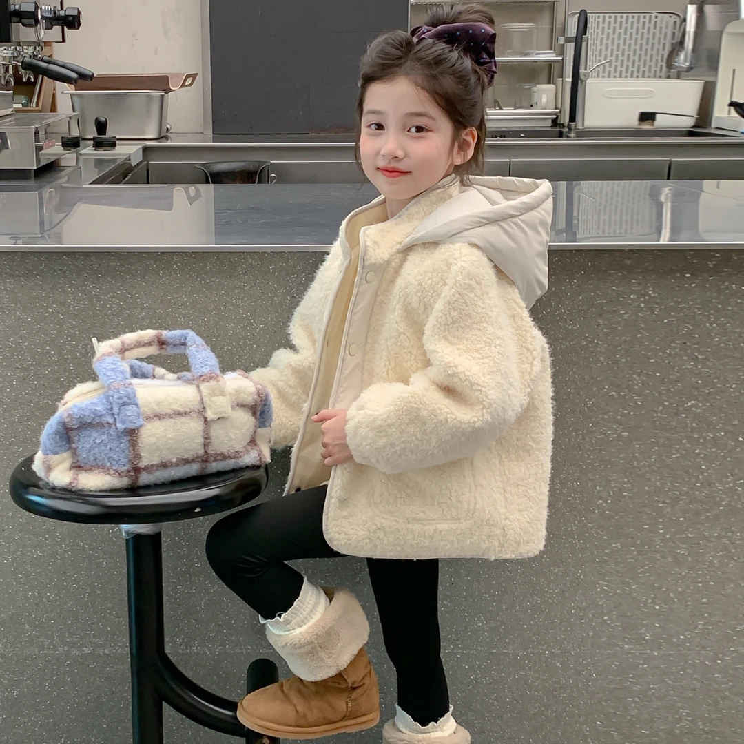 女童冬季外套2025新款加绒加厚儿童洋气女孩保暖连帽棉袄毛毛衣