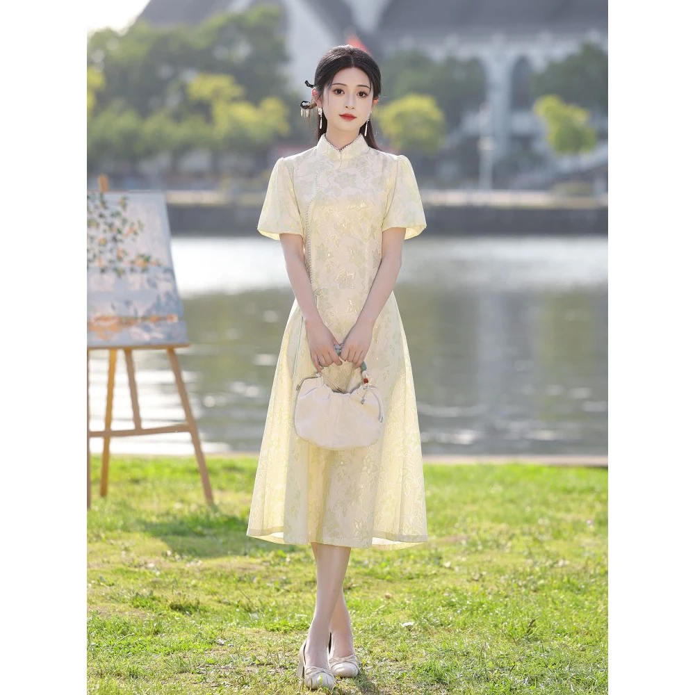 奥黛旗袍2025新款夏季高端改良年轻款少女新中式日常可穿法式蕾丝