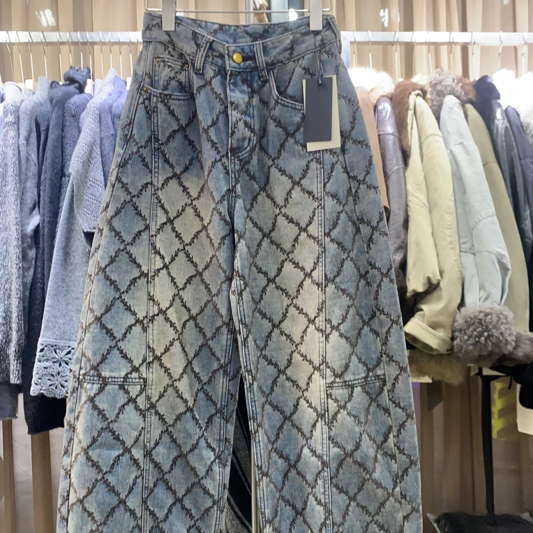 欧货正品女装2025冬款时尚菱形网格弯刀裤