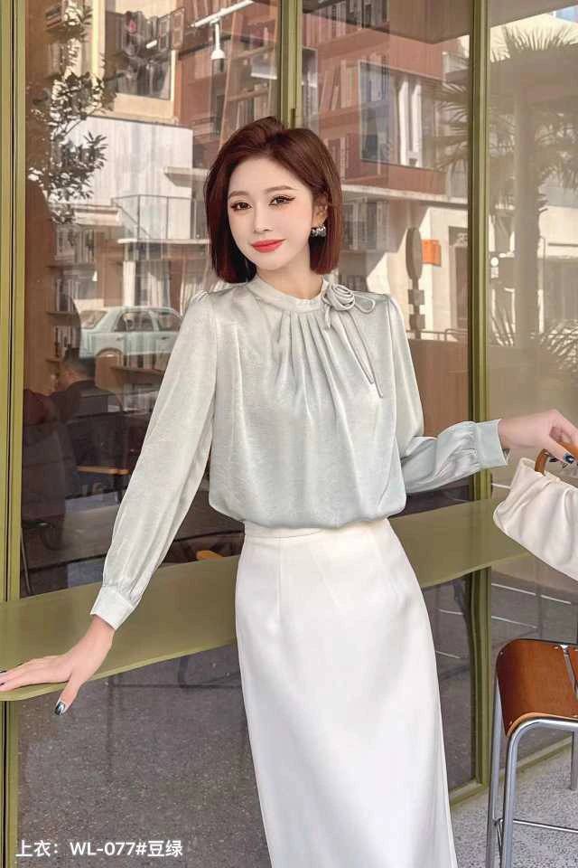 套头法式春季纯色荷叶边雪纺衫立领极简风长袖泡泡袖白色洋气