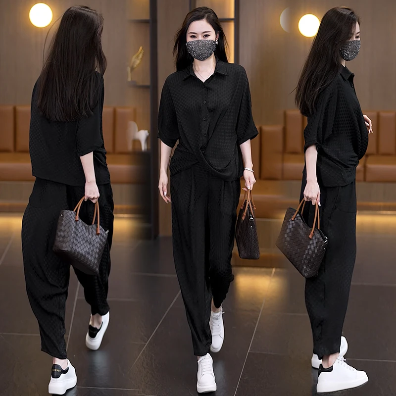 2025夏季新款大码女装休闲时尚套装宽松显瘦遮肉设计感气质两件套