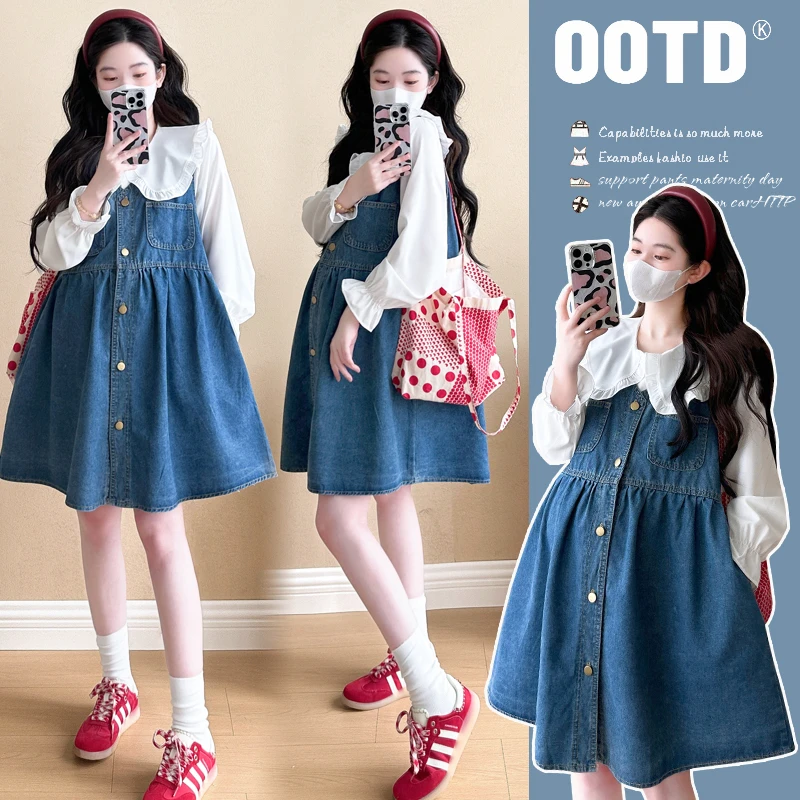 2025春季网红时尚减龄显瘦牛仔马甲裙+衬衫韩版孕妇装套装