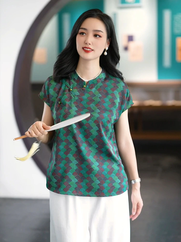 薄款格纹上衣复古立领女装提花针织短袖女士三粒扣