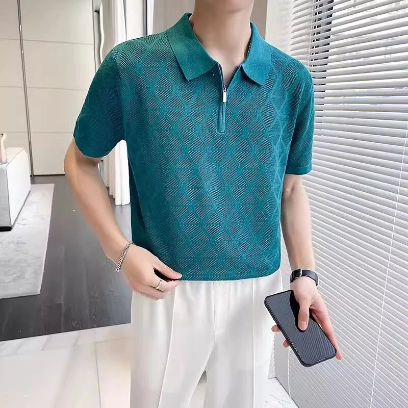 镂空短袖夏季2025新款痞帅高级感日系格子上衣翻领恤男士无标polo