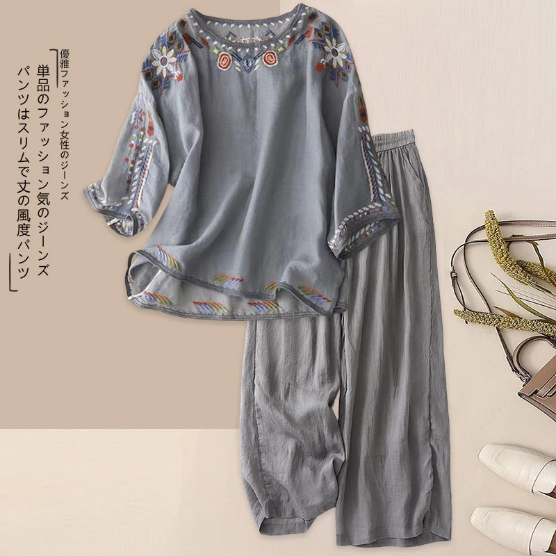 民族风刺绣棉麻套装女士妈妈夏装时尚七分袖亚麻上衣阔腿裤两件套
