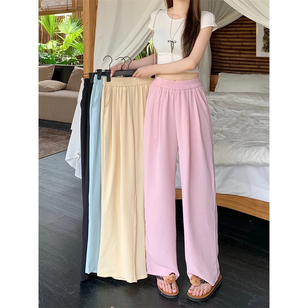 夏季薄款冰丝阔腿裤女高腰显瘦垂感宽松休闲肌理感阔腿裤5573#